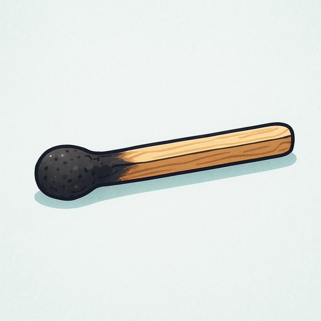 A single, spent wooden matchstick lying down. The tip is blackened and charred, showing the past action of having been burned.