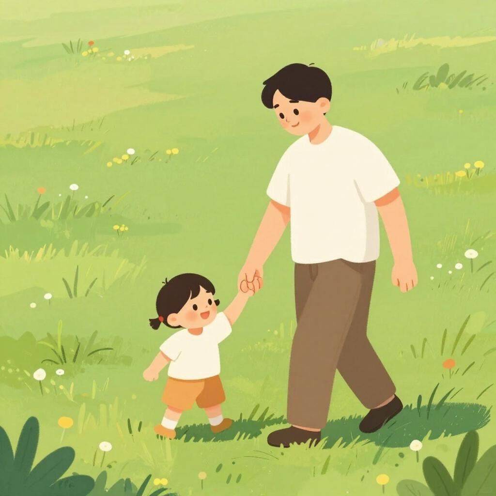 A father and a young child walking together, holding hands in a park.