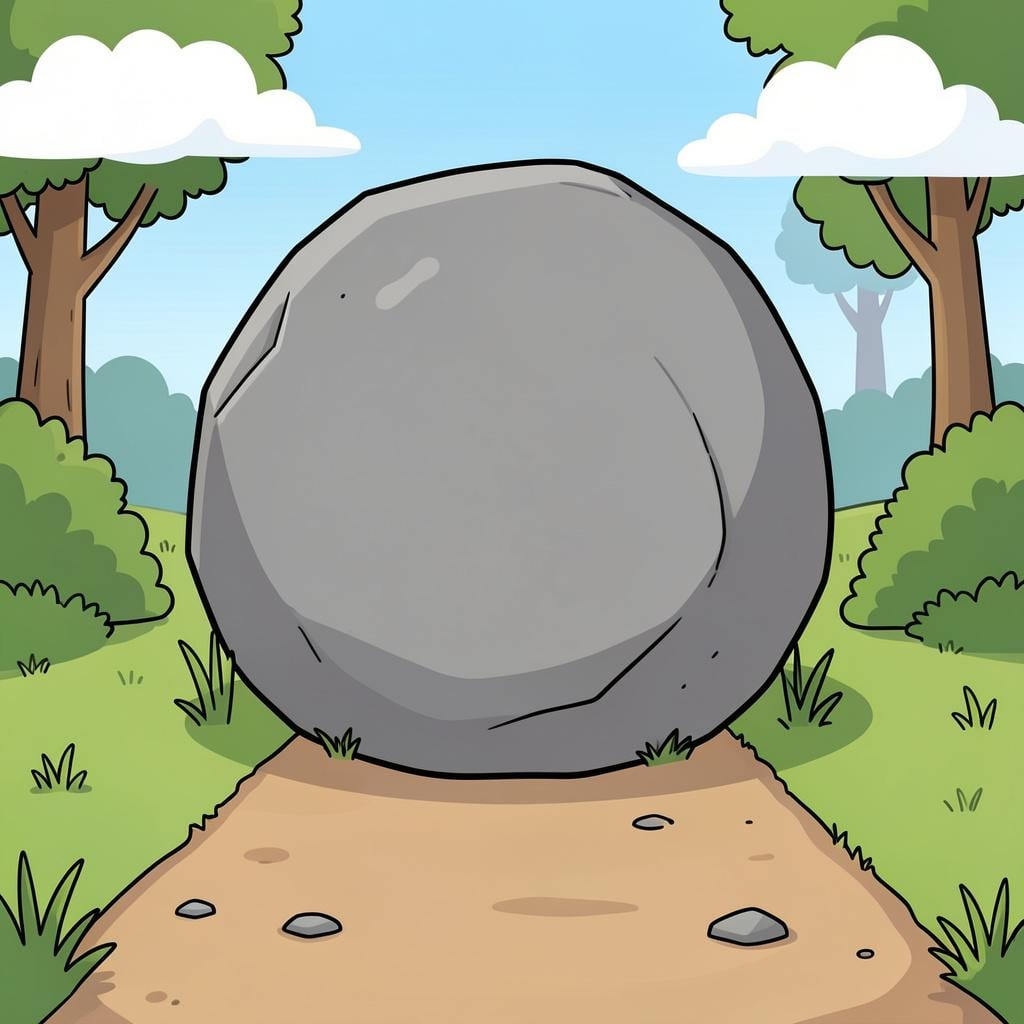 A large grey boulder blocking a narrow path through a forest.