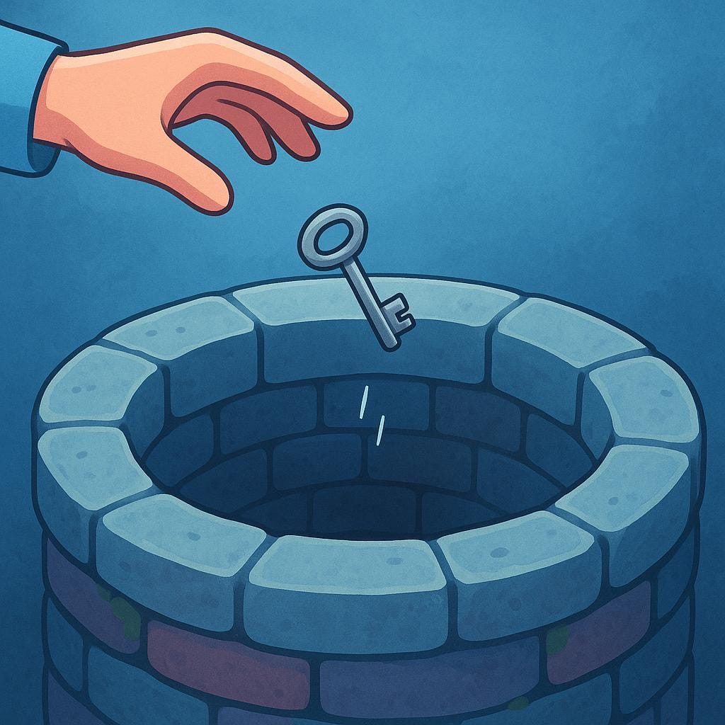 Une vue rapprochée de la main d'un personnage de dessin animé laissant tomber une petite clé dans l'ouverture en pierre sombre d'un puits profond, symbolisant une action qui a été finalisée.