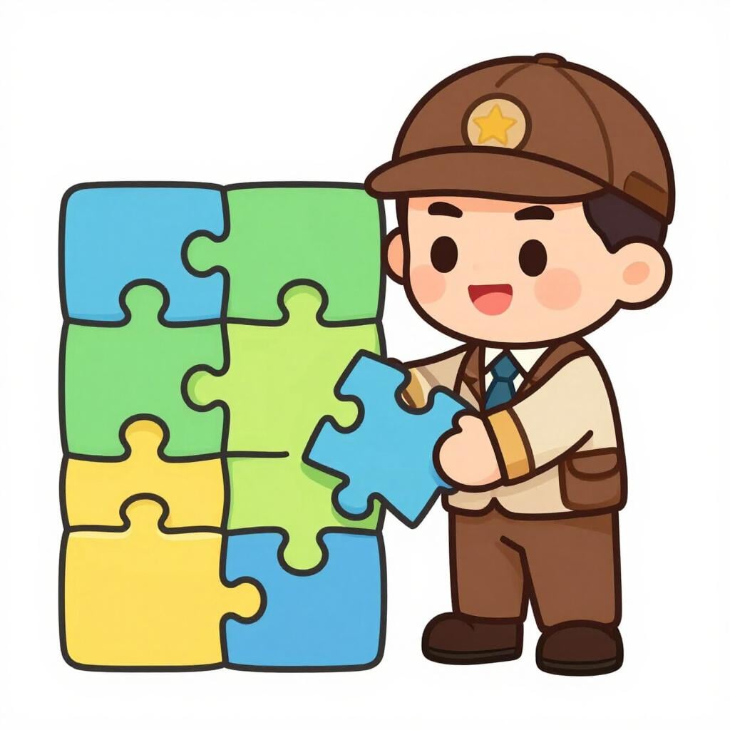 A happy cartoon detective character placing the final, oddly shaped piece into a large, colorful jigsaw puzzle, symbolizing the solution to a mystery.