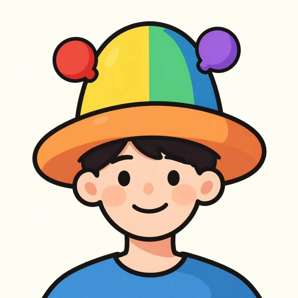 Uma pessoa amigável usando um chapéu colorido grande e desajeitado, parecendo confusa, mas feliz.