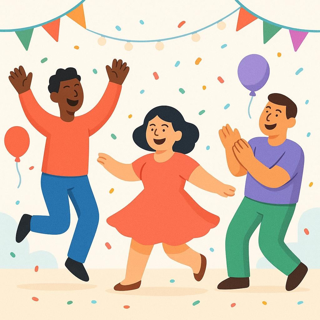 A group of people dancing energetically with smiles on their faces in a colorful room, indicating a lively atmosphere.