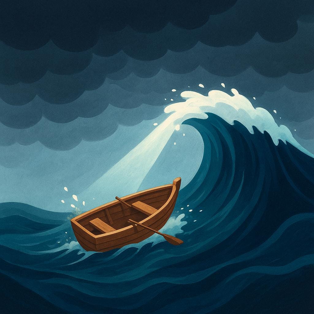 A tiny boat is dramatically tossed on dark, stormy waves, but a single ray of sunlight pierces the clouds, indicating a critical turning point in the situation.