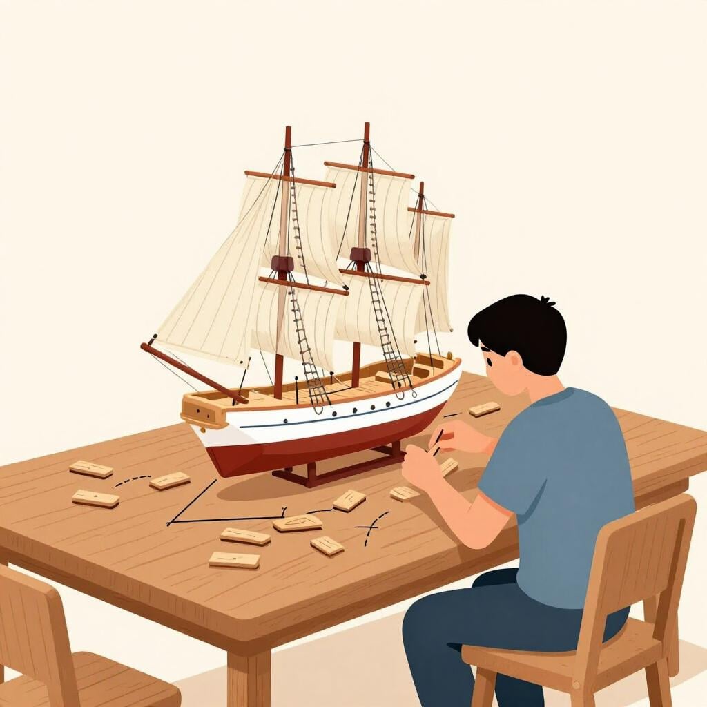 Uma pessoa construindo cuidadosamente um grande e complexo modelo de navio a partir de muitas peças pequenas.