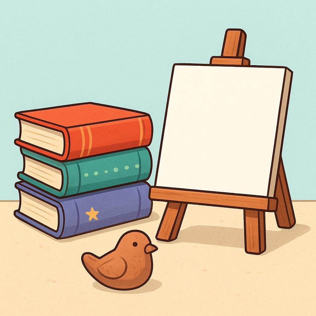 A stack of colorful books next to a wooden easel holding a blank canvas, and a small finished clay sculpture of a bird.