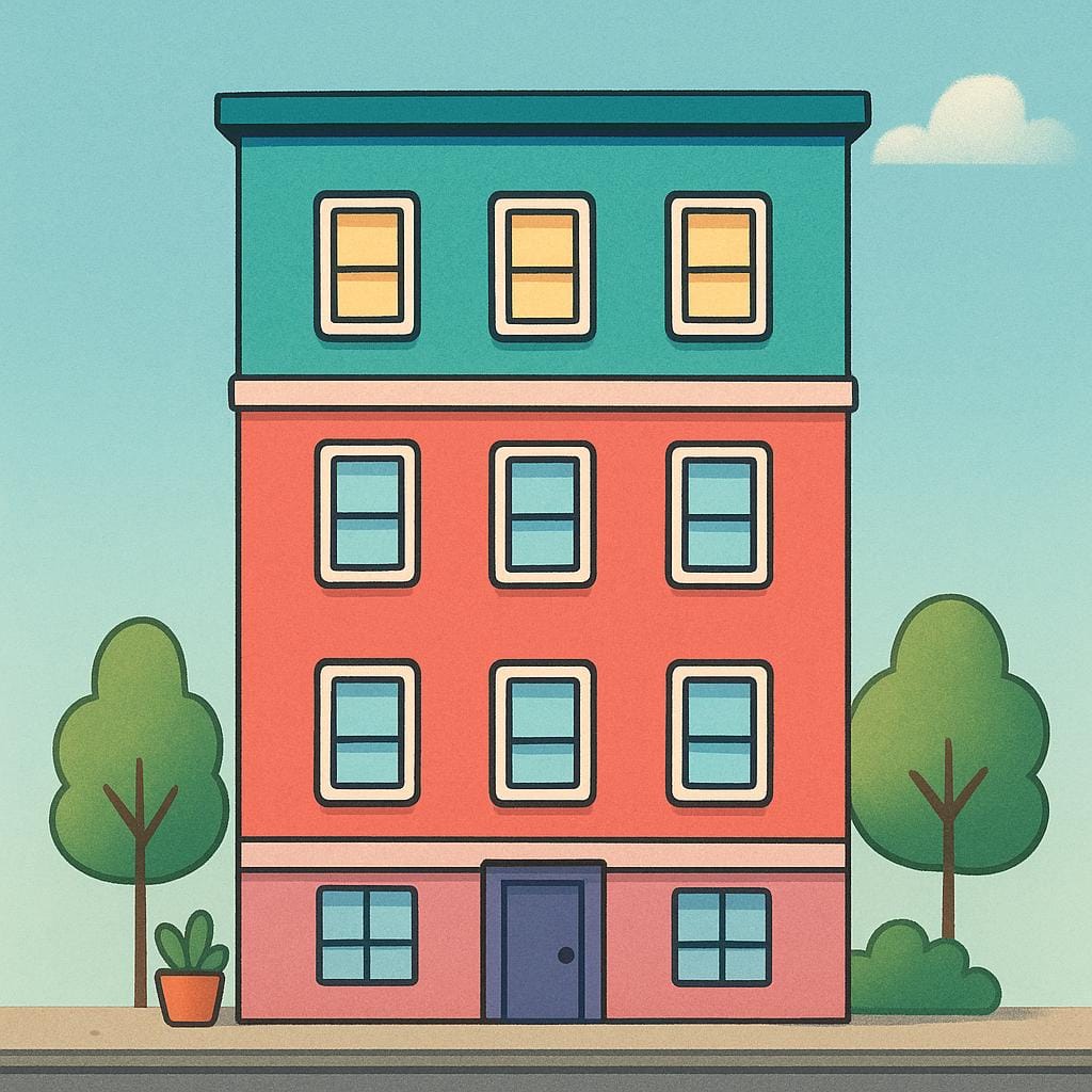 The exterior view of a simple four-story apartment building, focusing on the distinct upper two floors.