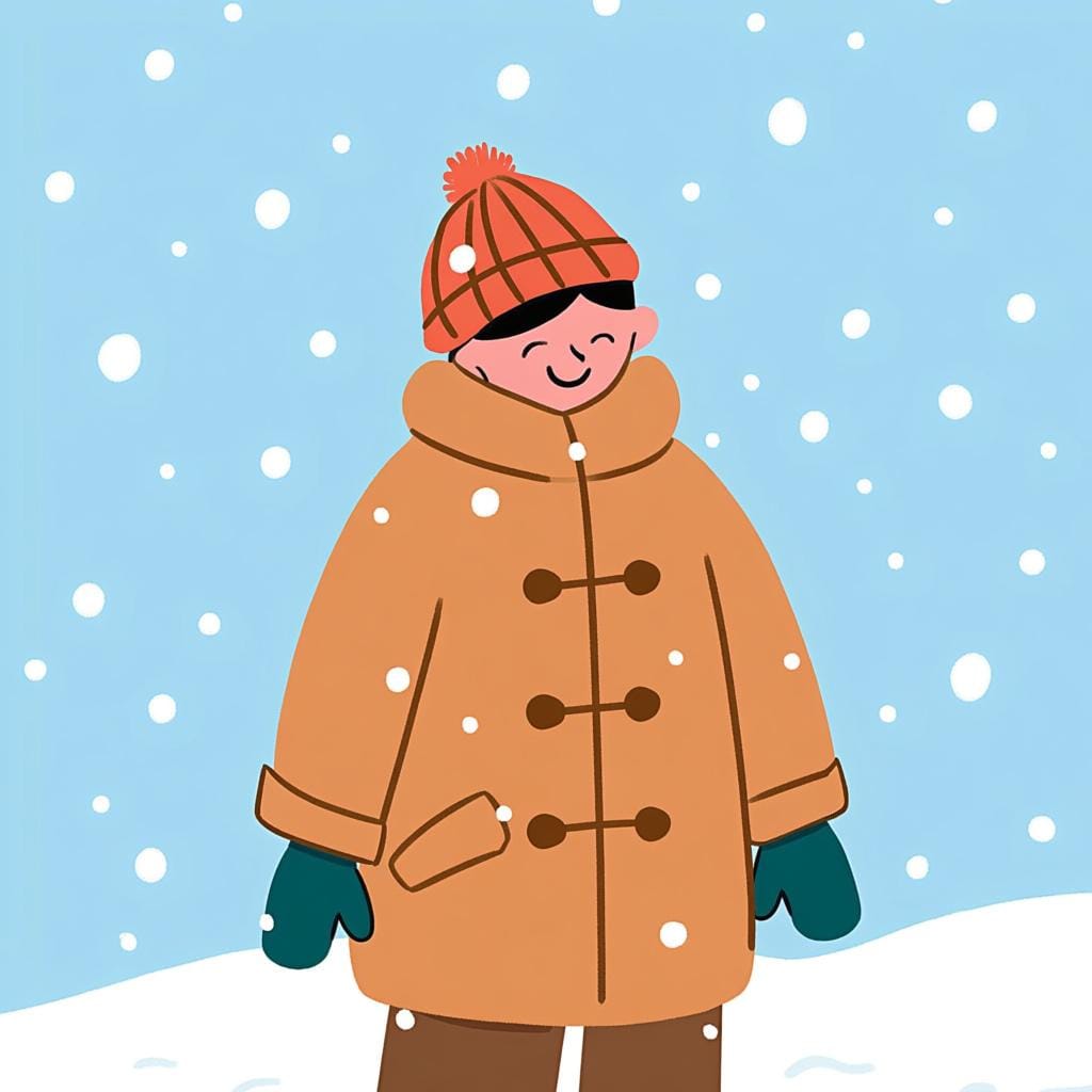 A cartoon character wisely wearing a heavy coat and hat while walking in the snow, illustrating common sense.
