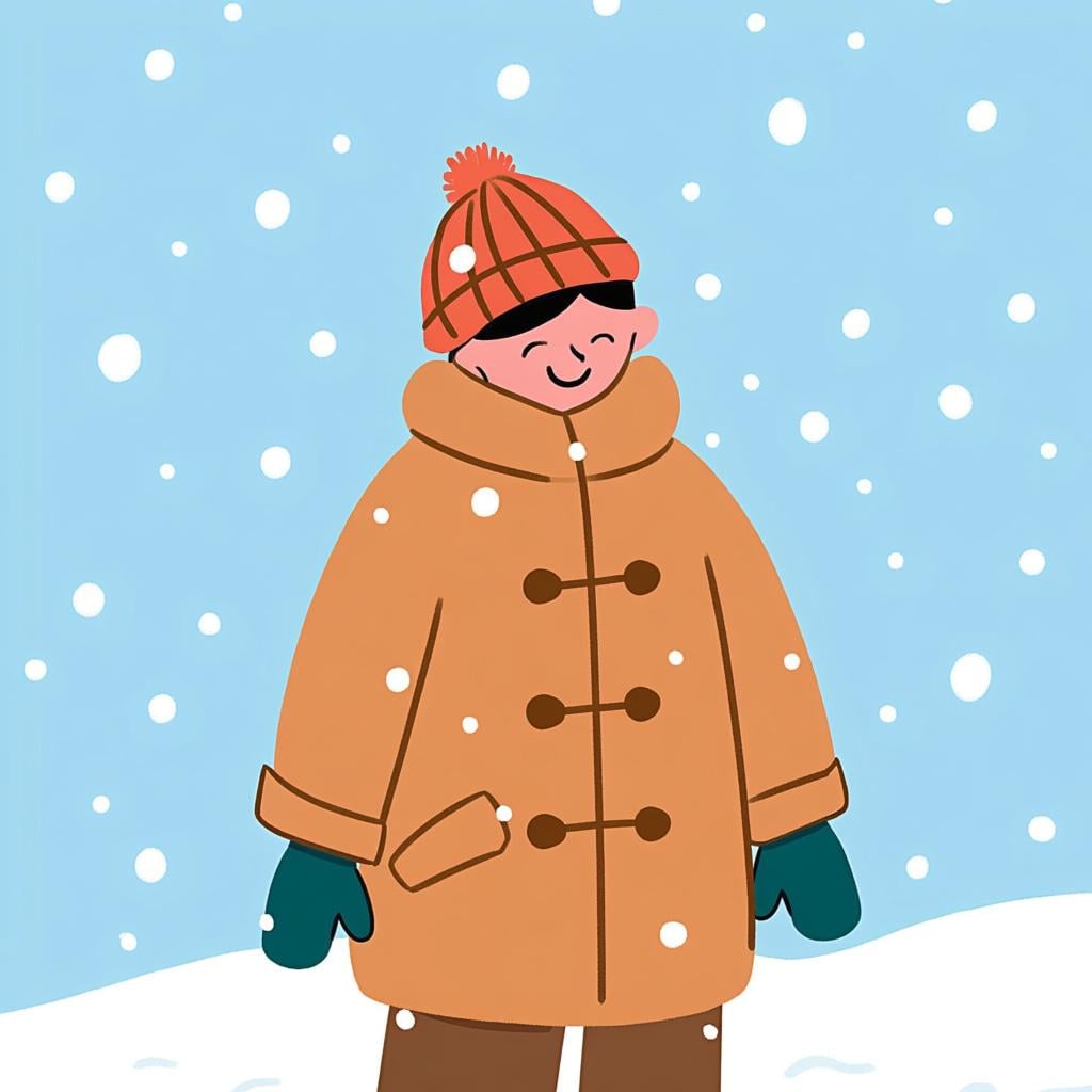 A cartoon character wisely wearing a heavy coat and hat while walking in the snow, illustrating common sense.