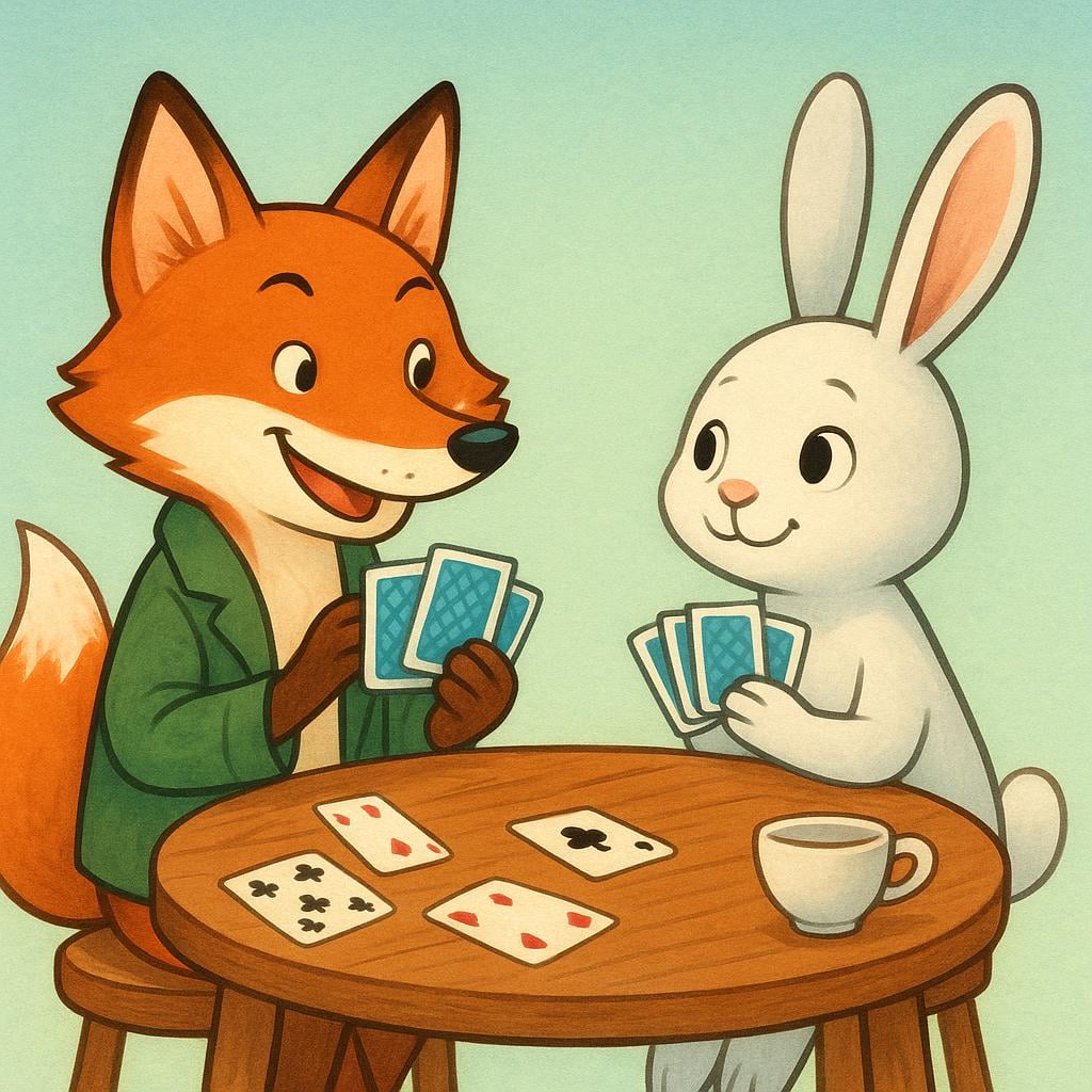 A storybook illustration showing a cartoon fox cheating at a simple card game against a rabbit by secretly hiding a card behind its back.