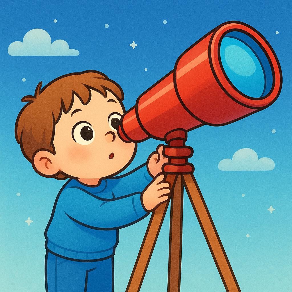 A small, curious child with bright clothes is looking intently through a large, red telescope pointed toward the sky. The background is simple and colorful.