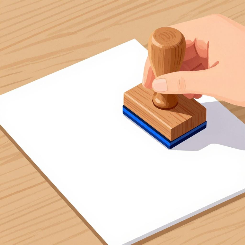 A hand placing a shiny new official stamp on a fresh sheet of paper.