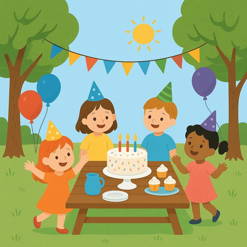 A colorful outdoor party with balloons, a cake, and streamers in a park.
