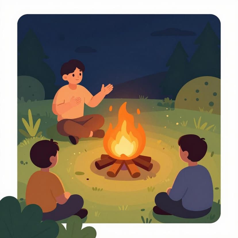 Eine Person sitzt am Lagerfeuer und gestikuliert lebhaft, während andere zuhören.