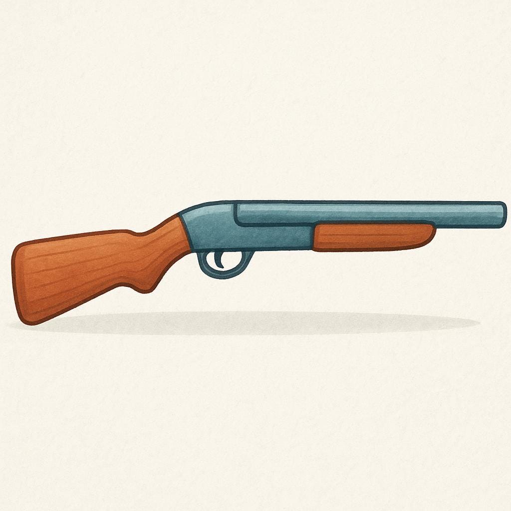 A stylized illustration of a simple, long-barreled shotgun with a wooden stock.