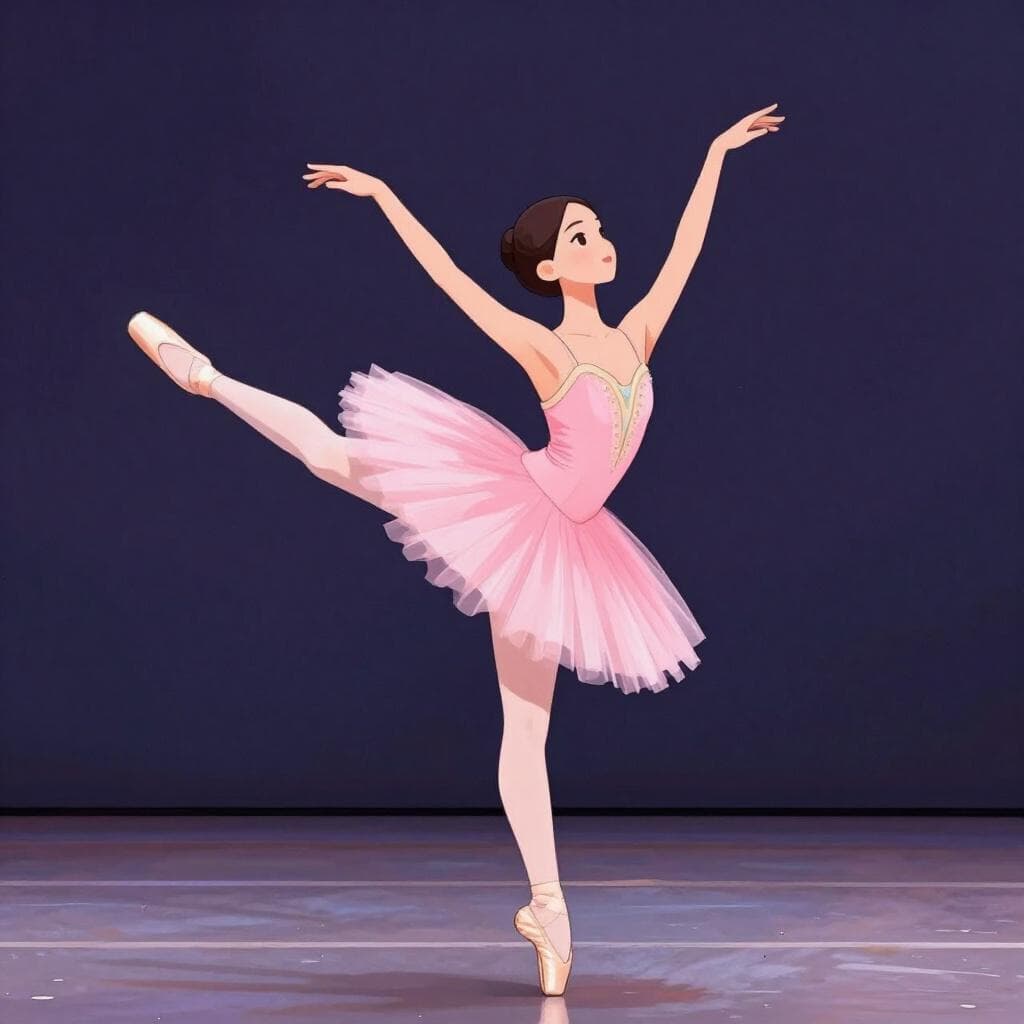 Eine anmutige Balletttänzerin in einem rosa Tutu und Spitzenschuhen, die auf einer einfachen Bühne eine Arabeske-Pose ausführt.