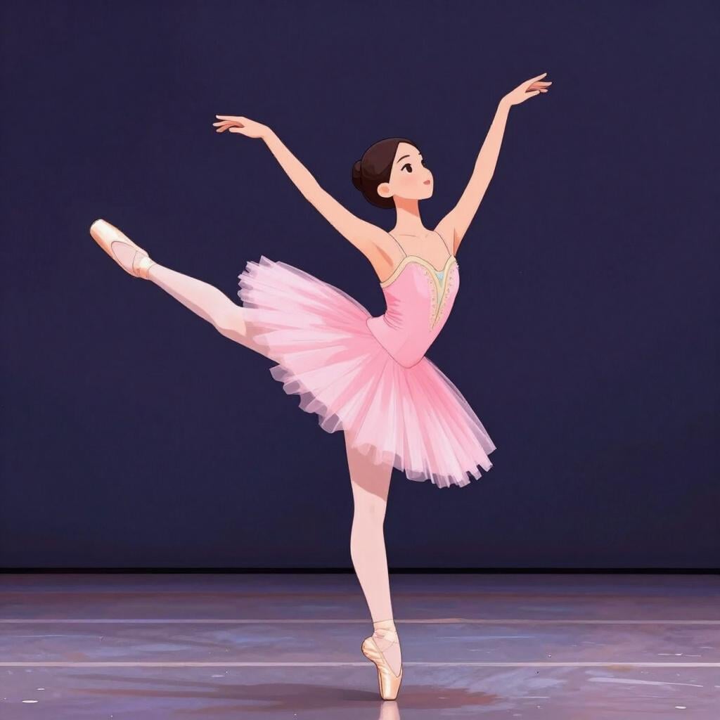 Uma bailarina de ballet graciosa vestindo um tutu rosa e sapatilhas de ponta executando uma pose de arabesque em um palco simples.