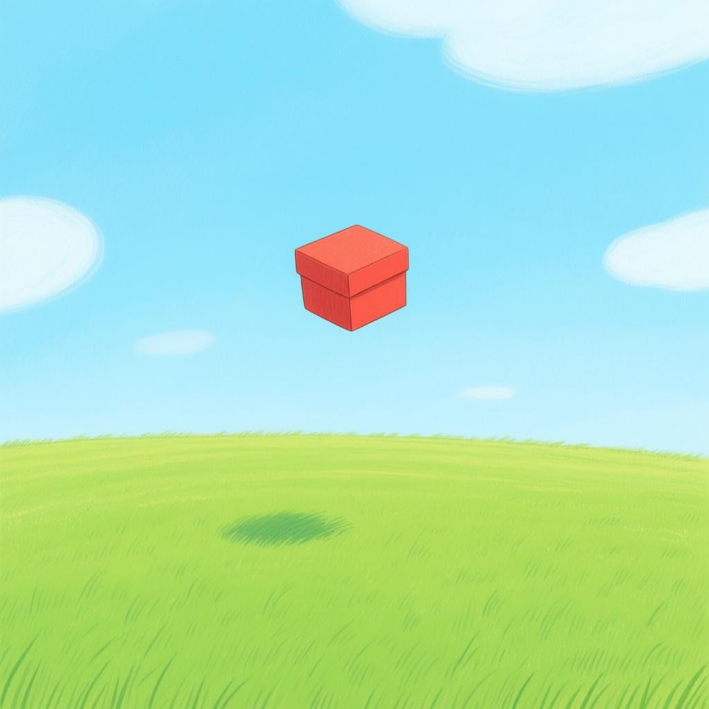 A small red box floating high in the air above a vast, flat green field, illustrating the concept of 'up' or 'above'.