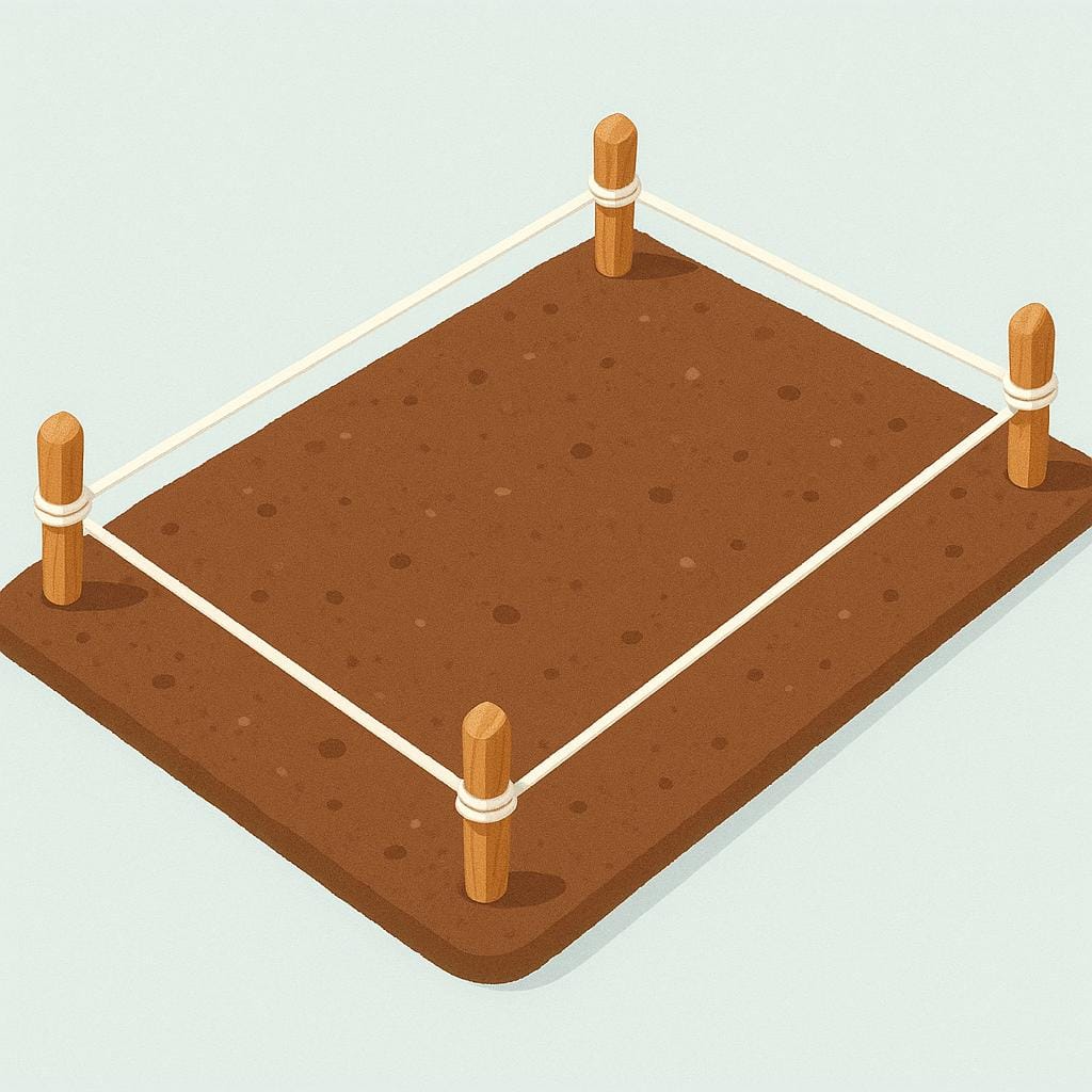 A square plot of brown earth marked by four small wooden stakes connected by a simple string, indicating a boundary for a land plot.