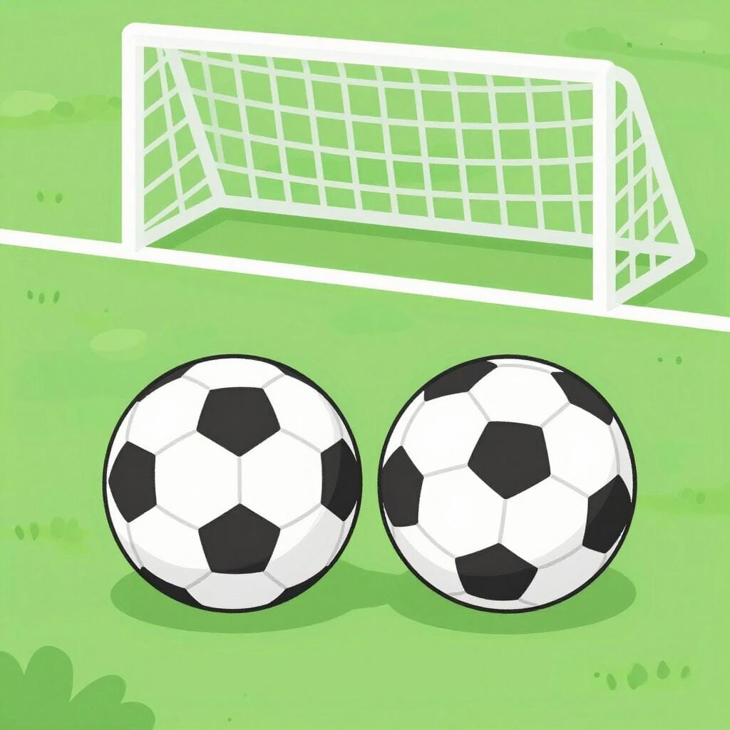 Zwei identische Fußbälle liegen nebeneinander auf einem grünen Rasenfeld mit einem Tornetz im Hintergrund.
