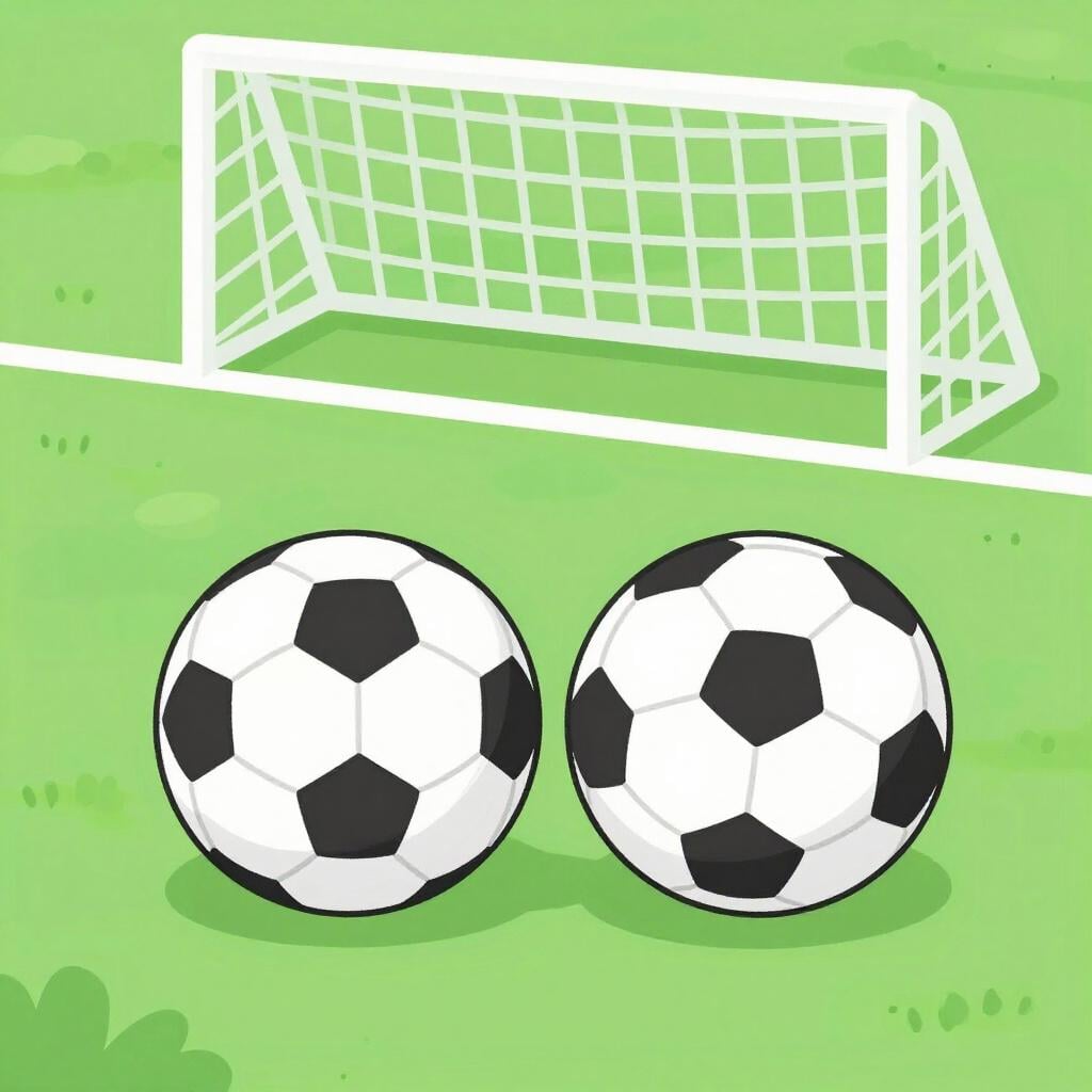 Due palloni da calcio identici appoggiati uno accanto all'altro su un campo d'erba verde con una rete da porta sullo sfondo.