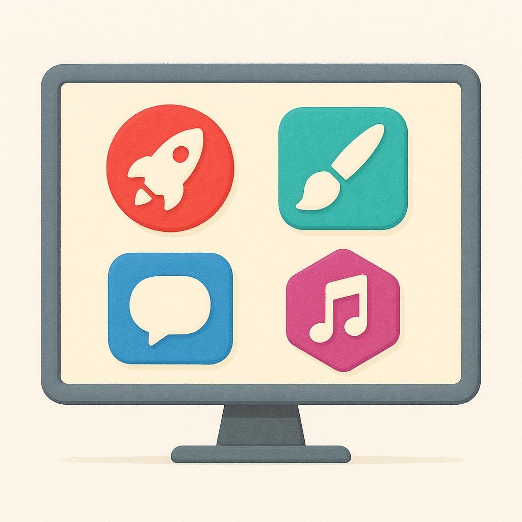A vibrant illustration showing a desktop computer screen displaying four distinct, colorful application icons representing various programs.