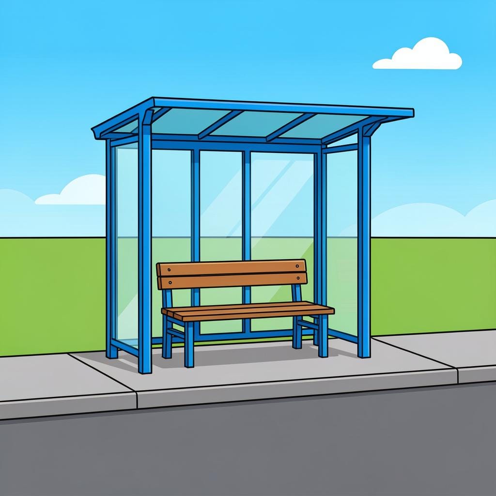 A colorful bus stop shelter with a bench and a signpost on a sidewalk next to a road.