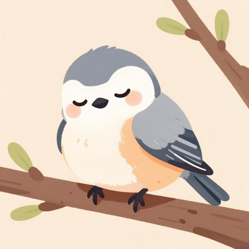 Een kleine vogel die op een boomtak zit met gesloten ogen en het hoofd onder de vleugel.