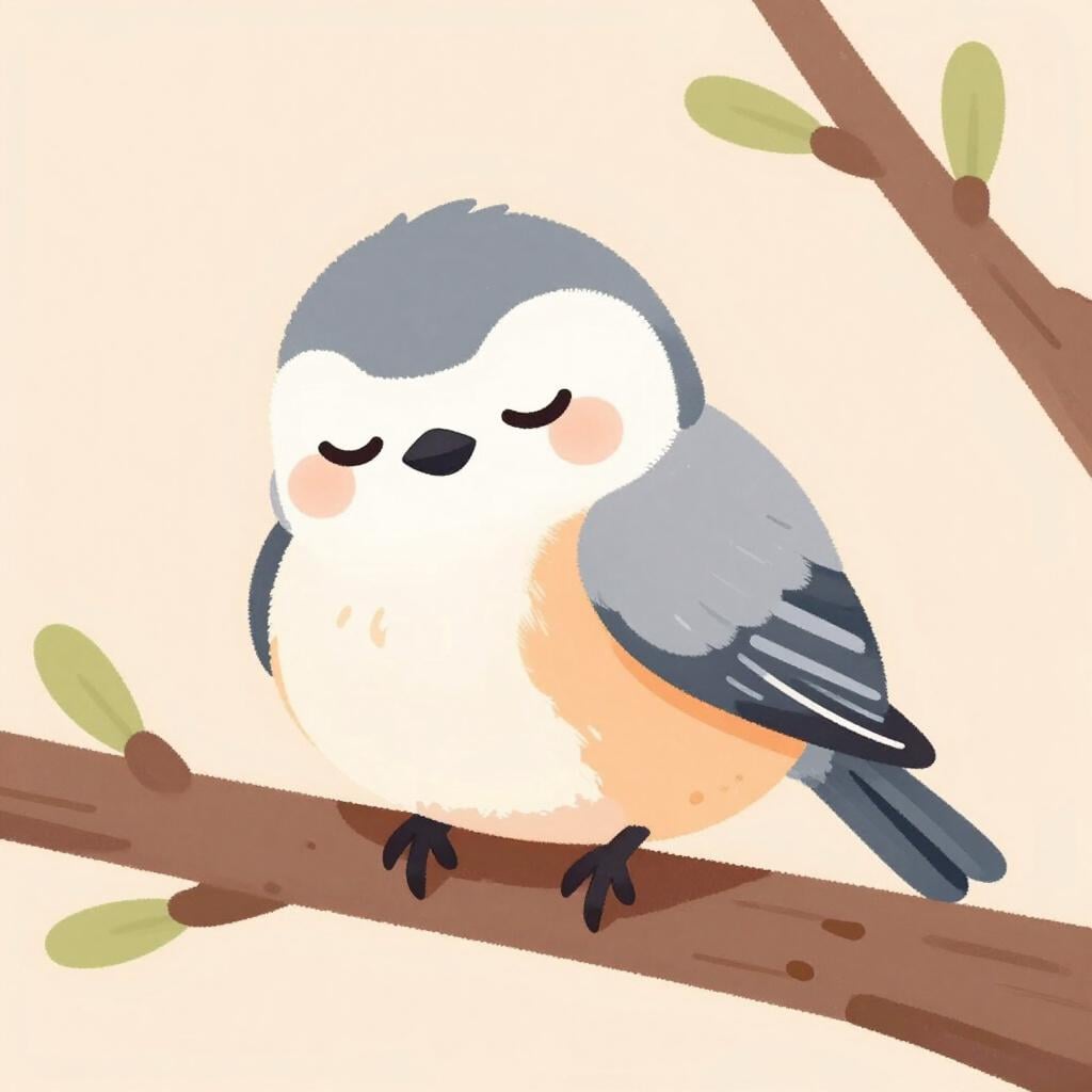 Een kleine vogel die op een boomtak zit met gesloten ogen en het hoofd onder de vleugel.