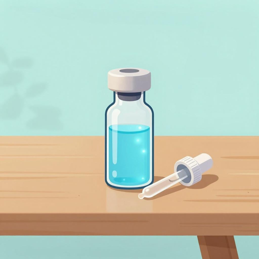 A small medicine bottle with a dropper next to a glowing blue liquid, representing a medical antidote.
