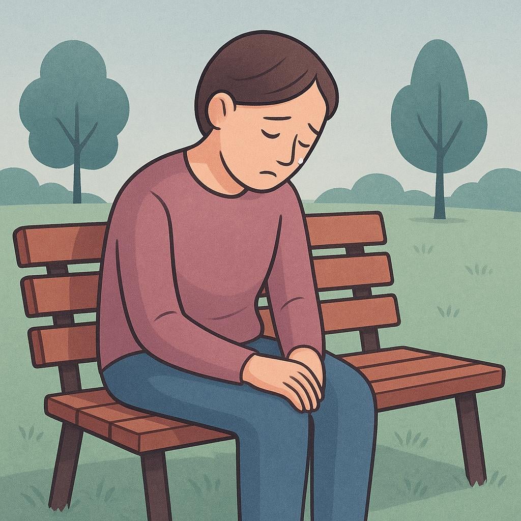 A storybook illustration of a lone person sitting on a wooden bench, head lowered, exhibiting a sad expression with a single tear, representing grief or sorrow.