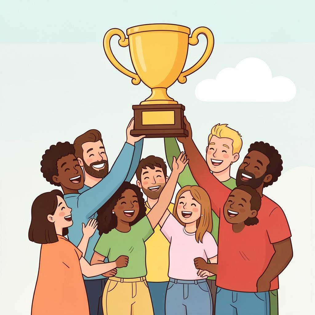 A group of happy friends holding a large golden trophy together.