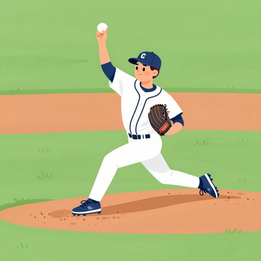 A baseball player in a team uniform standing on a mound, throwing a baseball with motion.