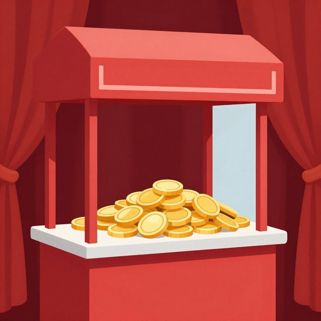 Um balcão de ingressos de teatro com uma pilha de moedas de ouro sobre o balcão.