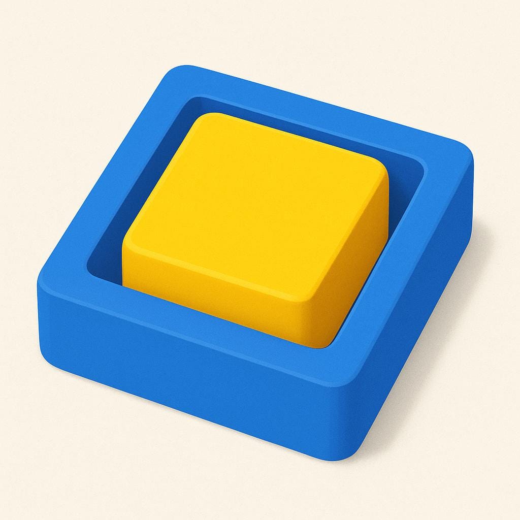 A yellow square block placed perfectly inside a square hole in a blue container, showing that it fits.