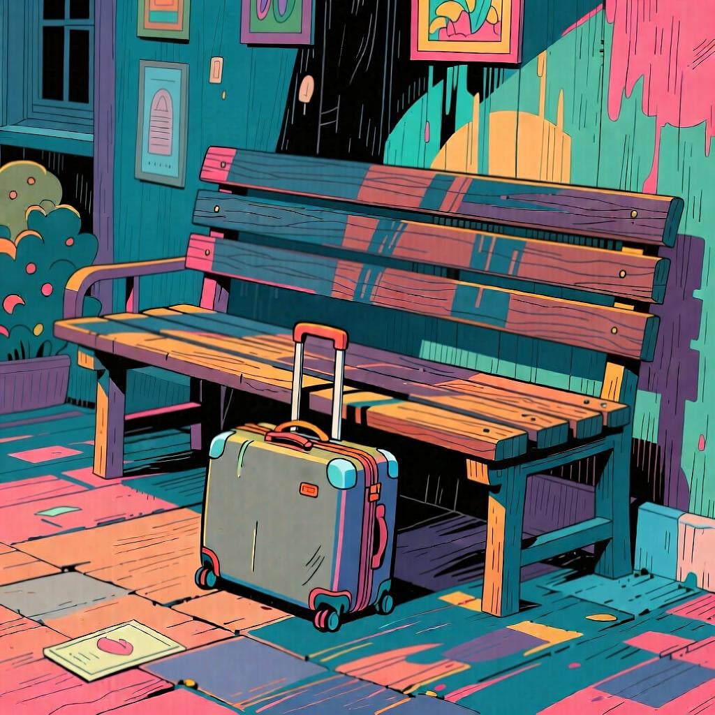 A single suitcase resting alone beside an empty, slightly dimmed wooden bench.