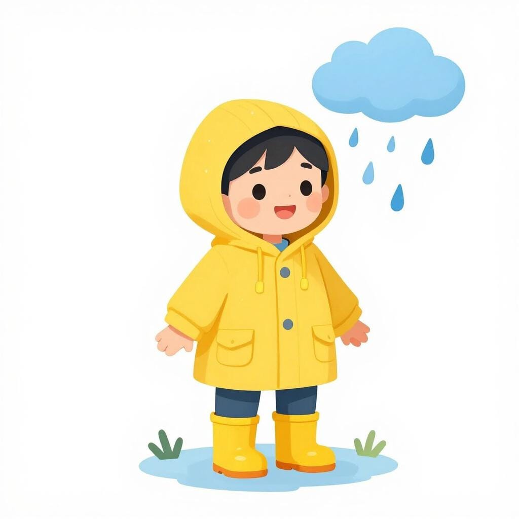 A child wearing a raincoat and boots standing under a rain cloud.
