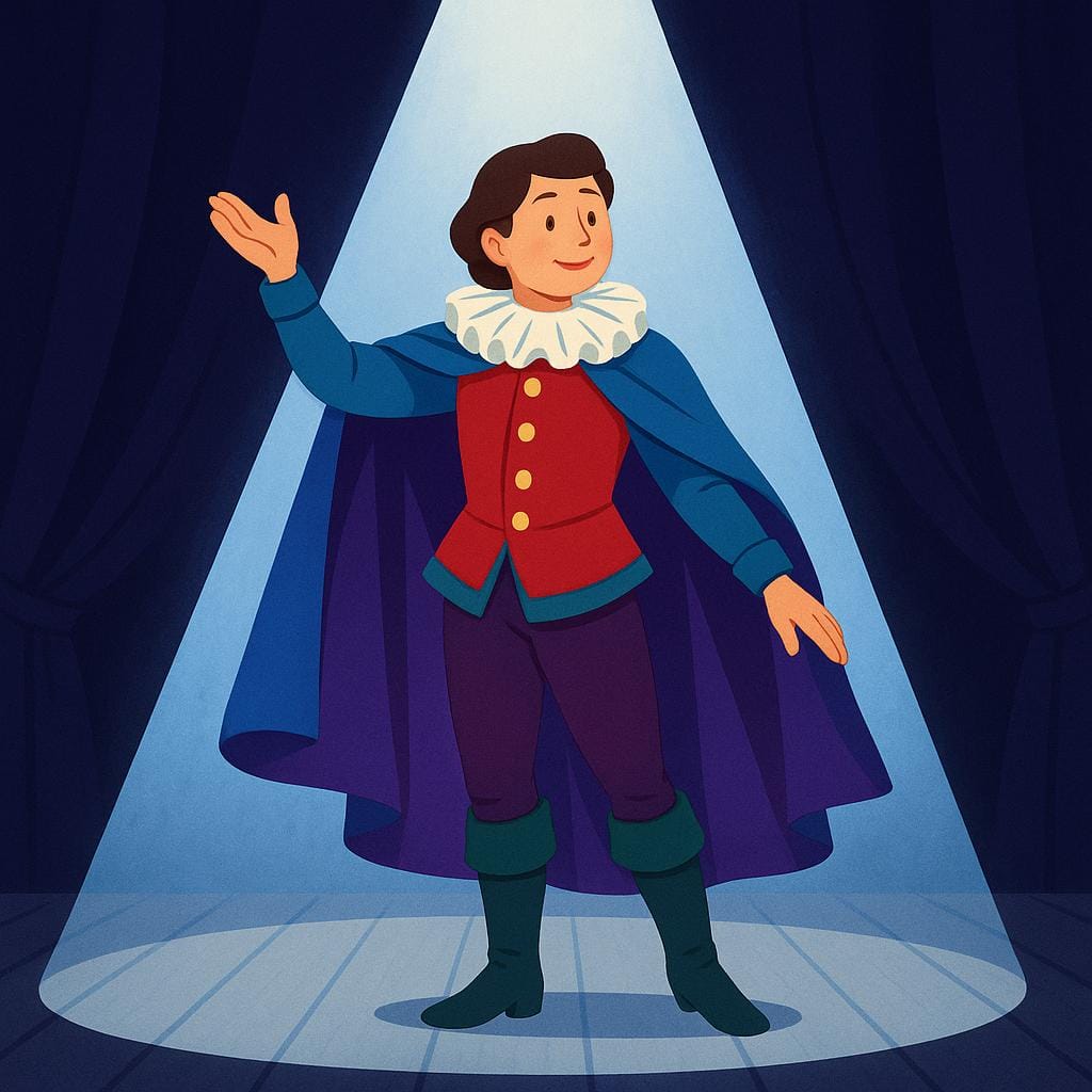 A person on a brightly lit stage wearing a costume, gesturing dramatically with one hand raised, illustrating performing a role.