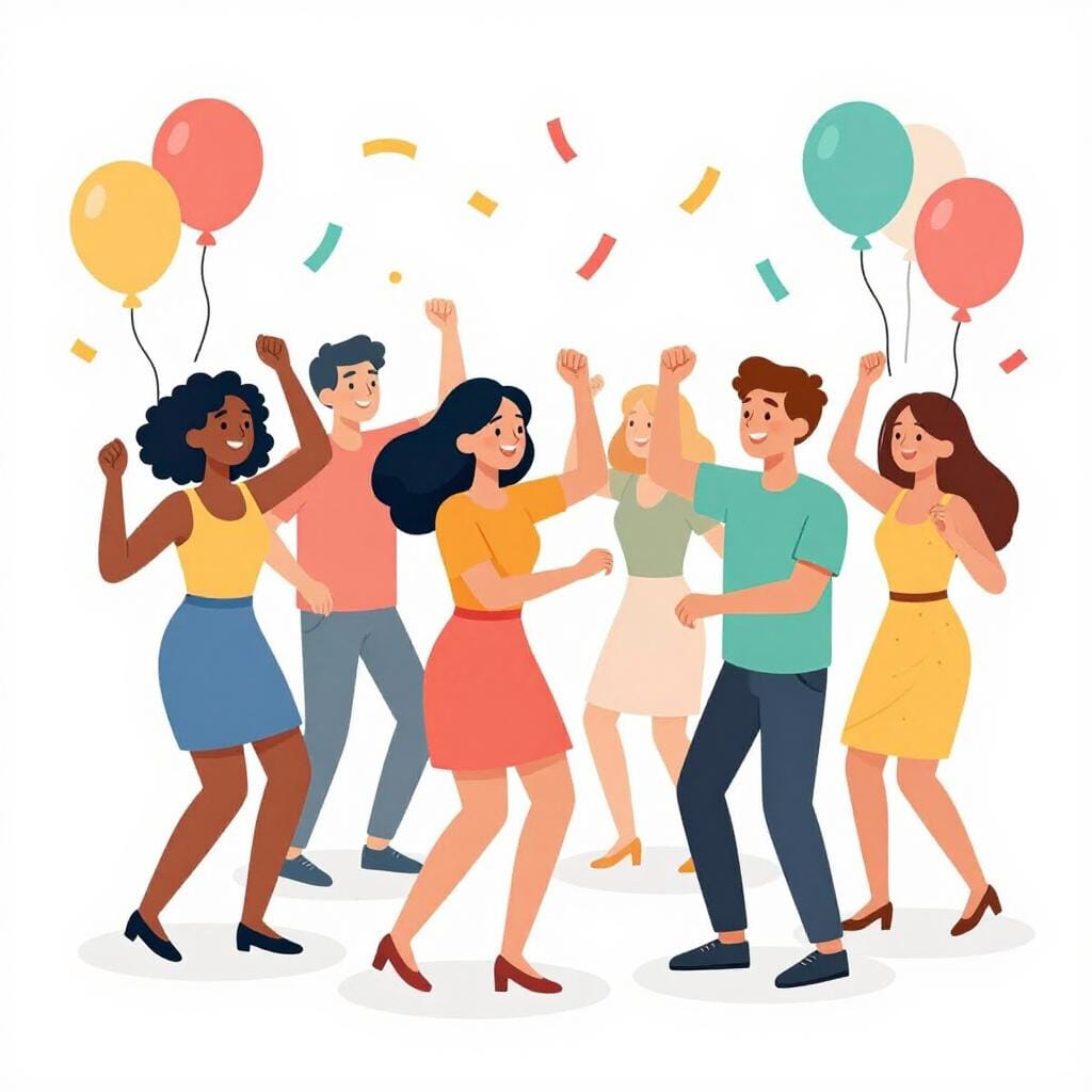 A group of colorful characters dancing and throwing confetti at a vibrant party with balloons.