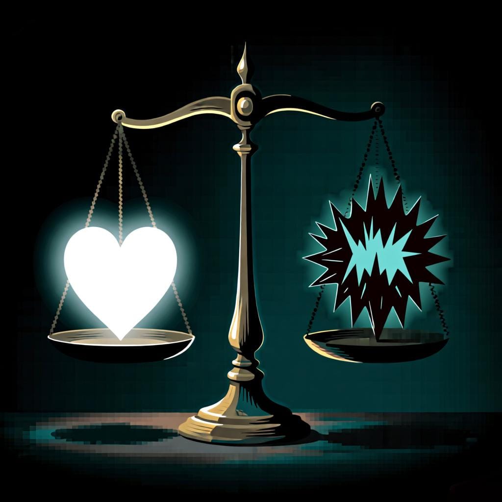 A scale balancing good (a white heart) and evil (a black shape).