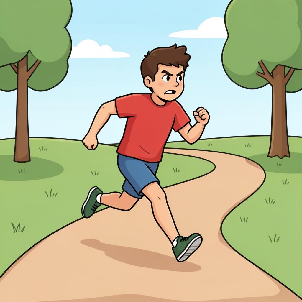 A person in athletic clothing running quickly along a park path with a sense of motion.