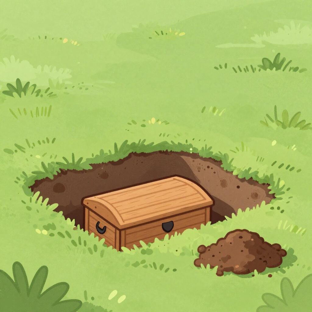 A wooden casket being lowered into a hole in the ground in a peaceful cemetery.