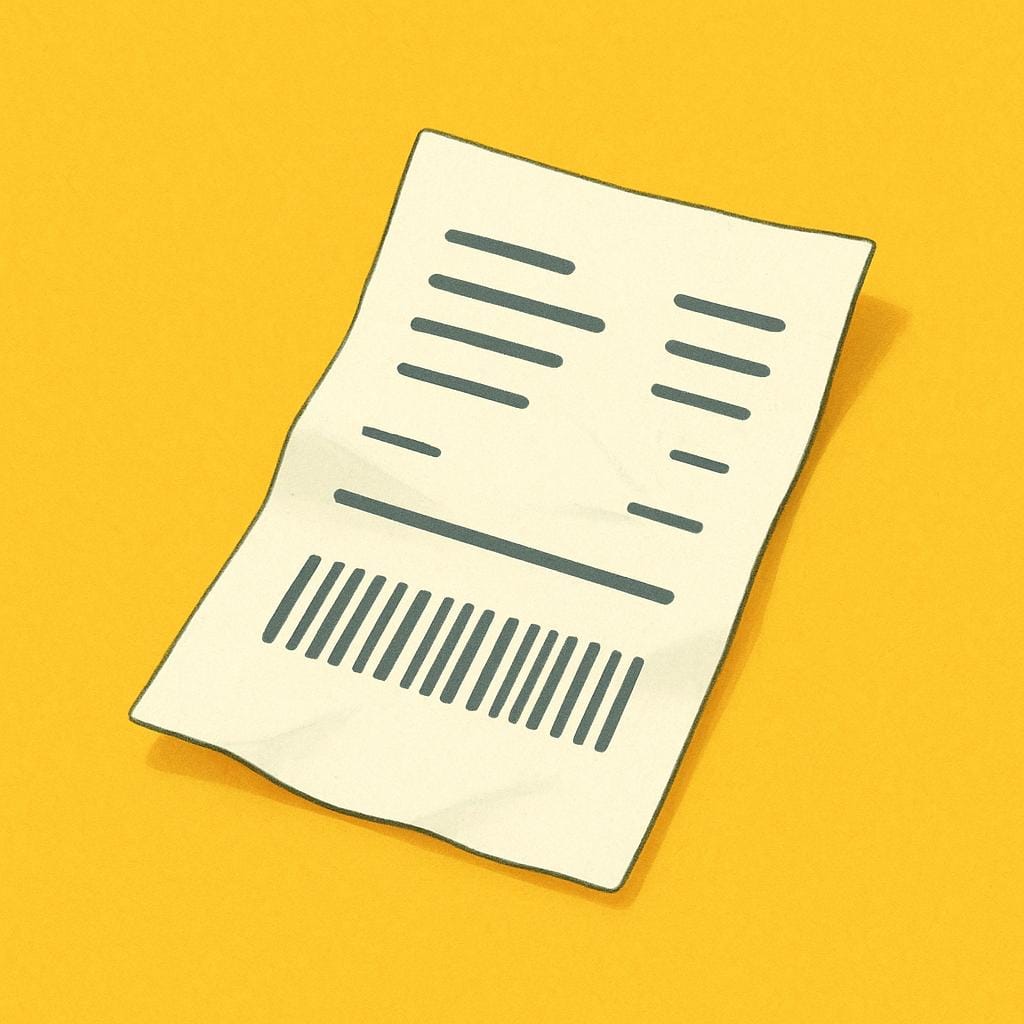 A small, rectangular slip of paper meant to represent a receipt, featuring faint abstract markings instead of readable text, lying on a colorful table.