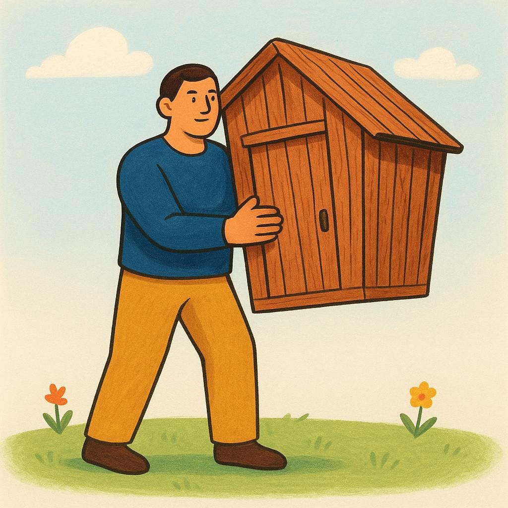 A strong adult figure standing upright and firmly holding up a small, leaning wooden structure to prevent it from collapsing, illustrating support.