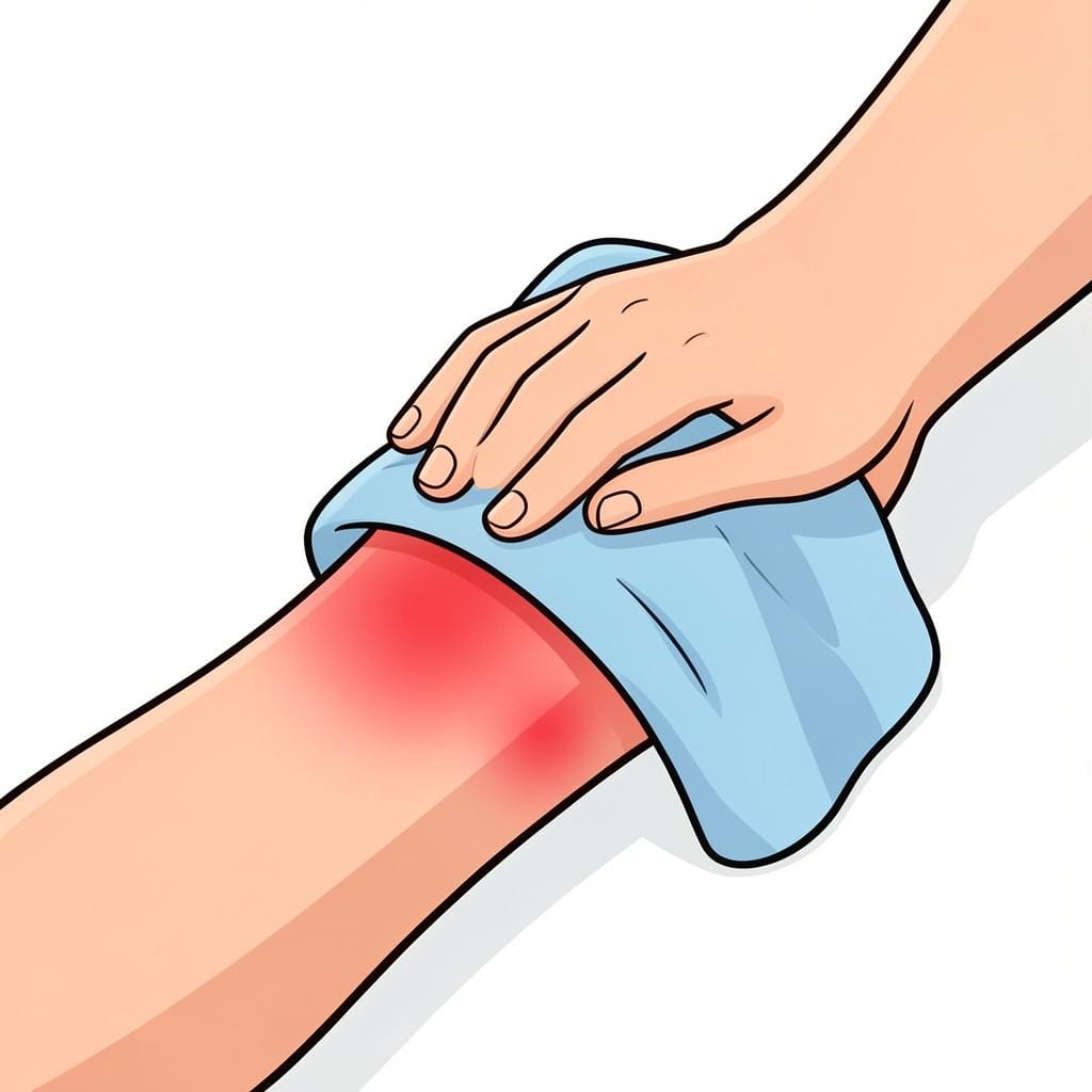 Een arm van een persoon met rode, geïrriteerde huid die wordt behandeld met een verzachtend koel kompres.