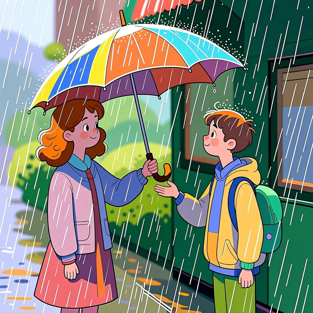 One person extending a bright yellow umbrella to a second person who is getting wet from the rain, symbolizing lending an item for temporary use.