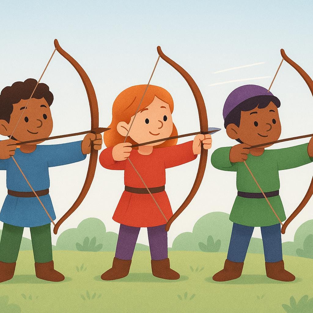 A colorful illustration showing three archers releasing arrows from their bows in unison towards an unseen target. They look focused and determined.