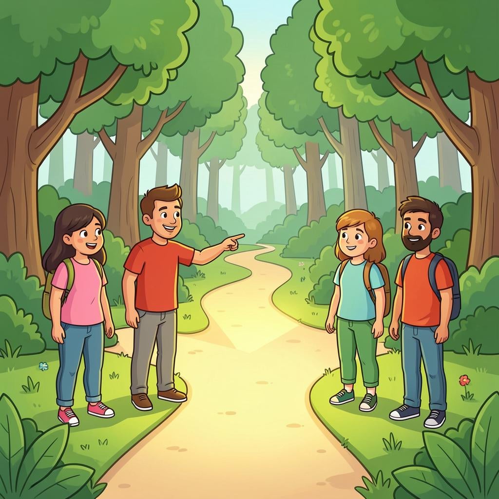 A group of people standing before a fork in a path, with one person pointing towards the safer, sunnier trail to offer guidance.