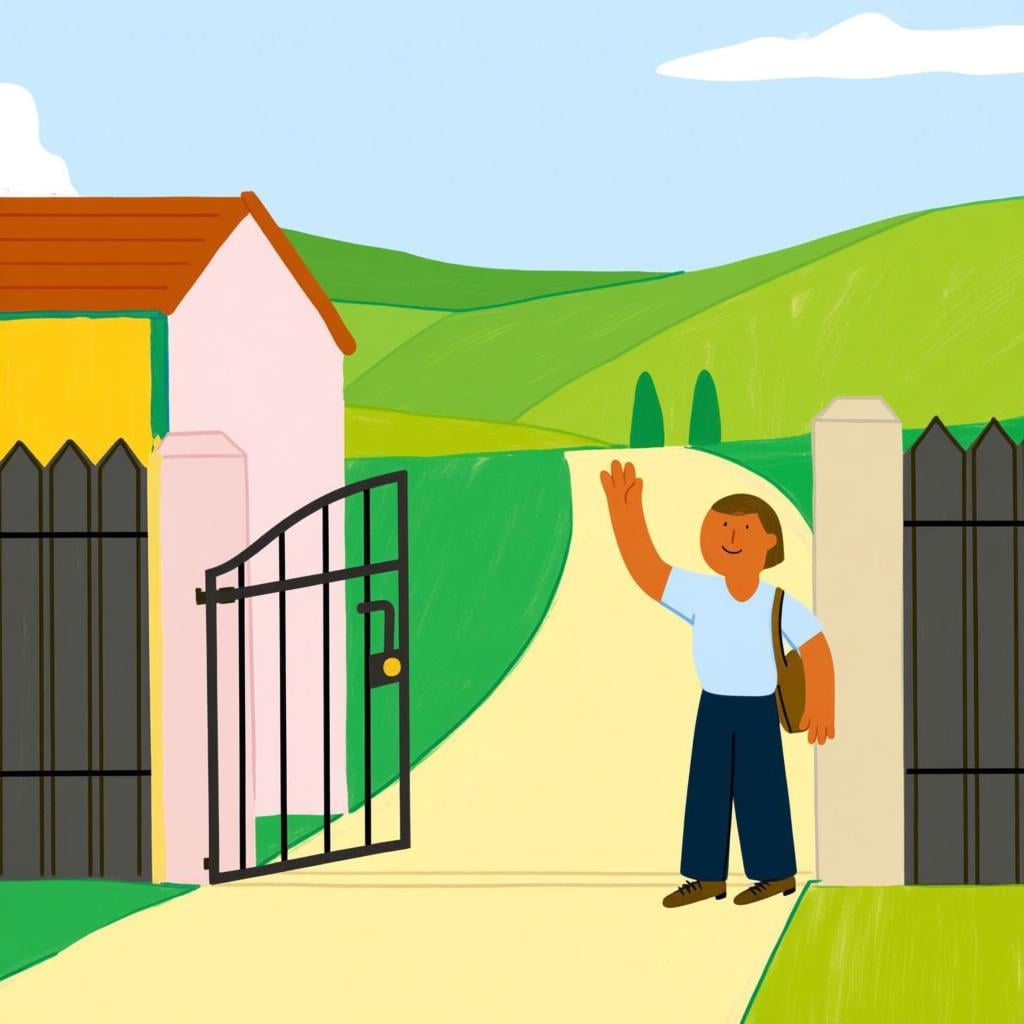 A cheerful character standing and waving urgently at a small figure walking away in the distance, commanding them to return.