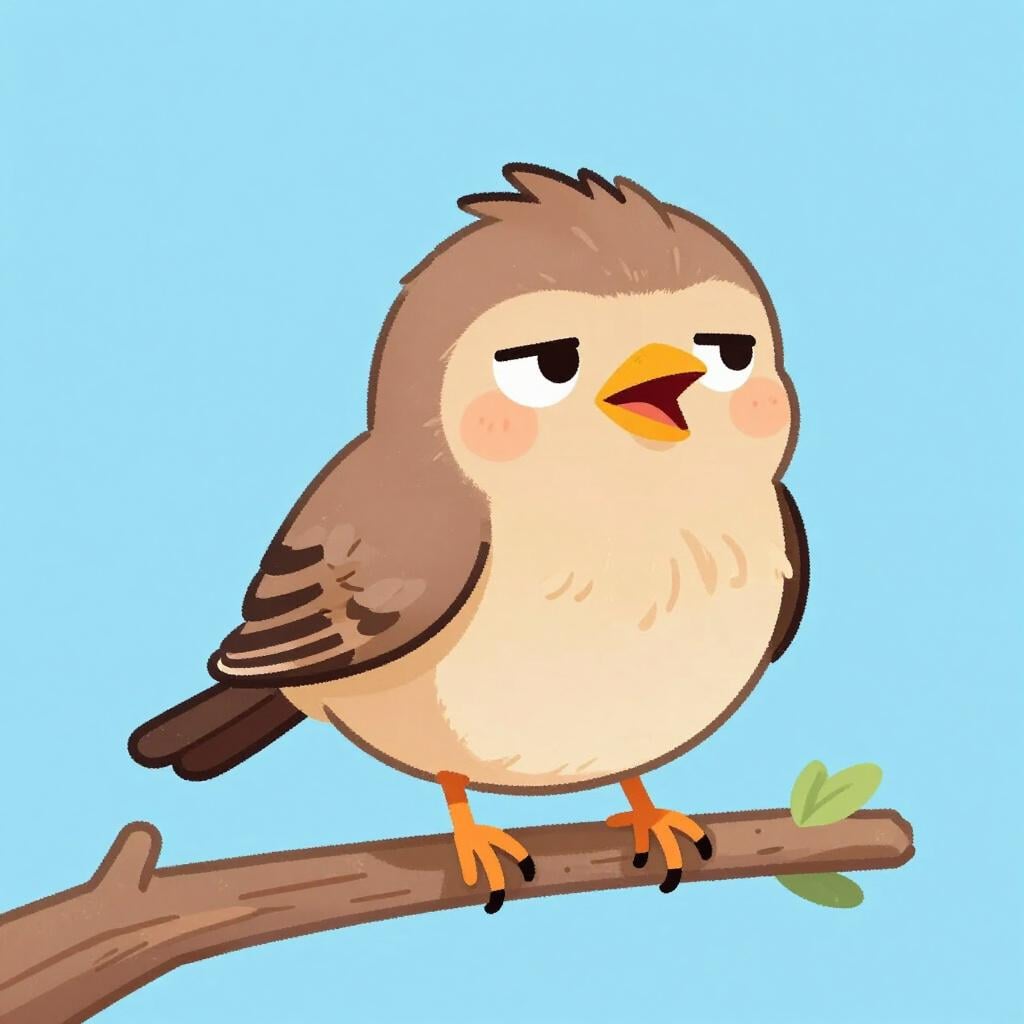A small bird with its beak open, looking tired with a jagged, broken speech bubble above it containing no text.